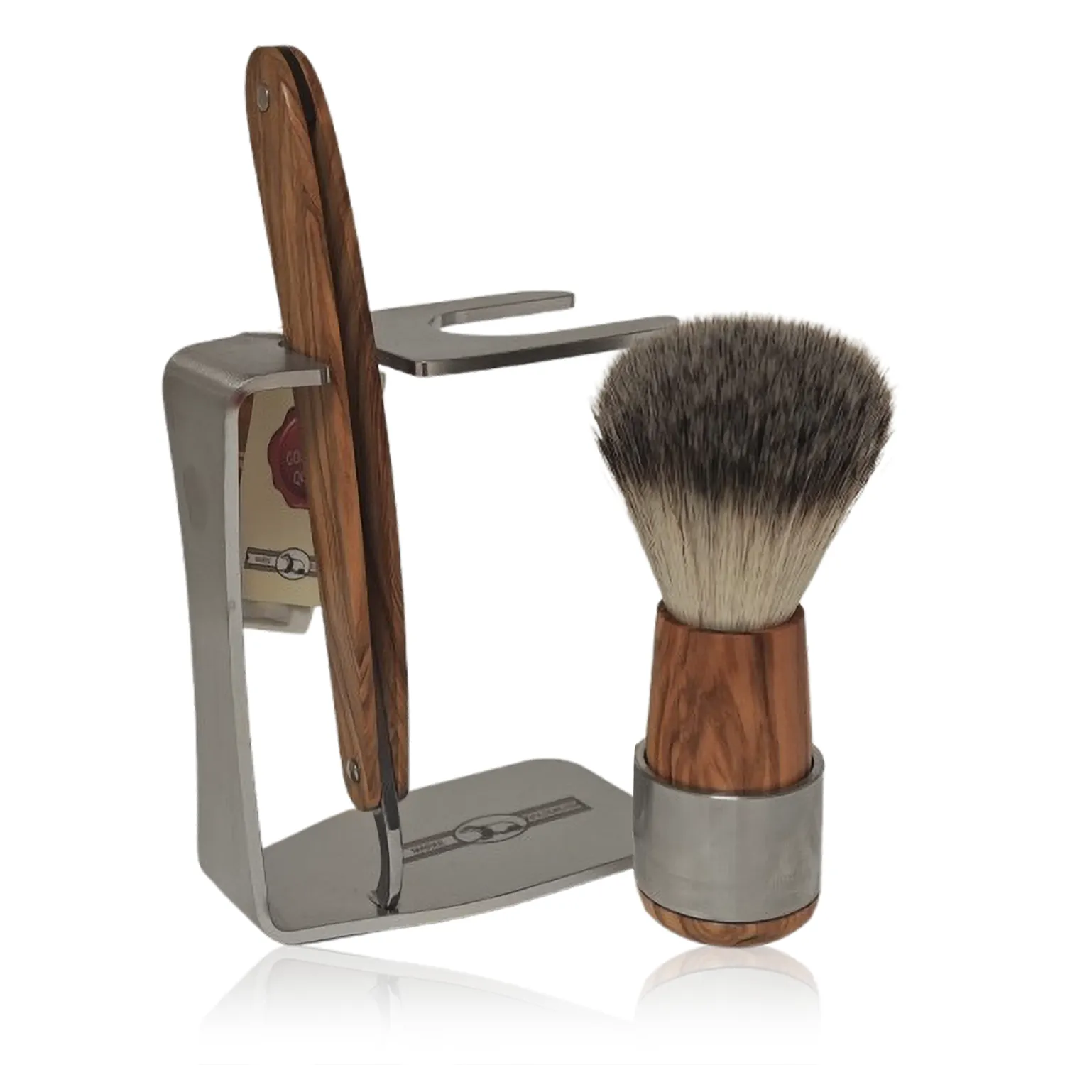 Golddachs Rasier-Sets Rasierset Olivenholz/Edelstahl mit Rasiermesser & Kunsthaar-Pinsel (3-teilig)