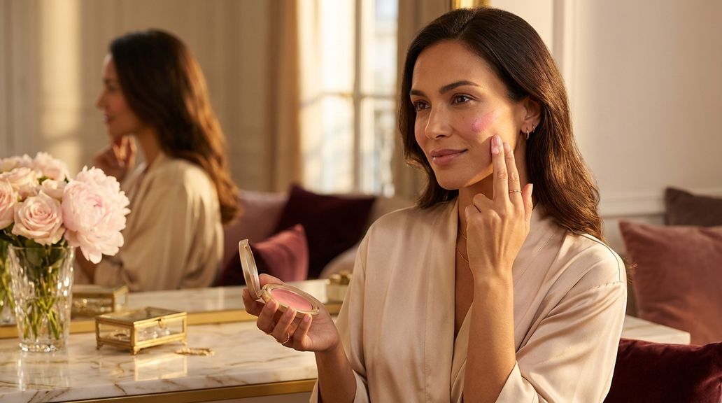 Welke techniek is geschikt om blush zo aan te brengen dat het gezicht frisser en gelift lijkt?