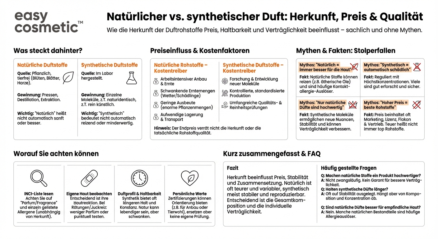 Beeinflusst die Herkunft der Duftrohstoffe (z.B. natürliche vs. synthetische) den Preis und die Qualität?