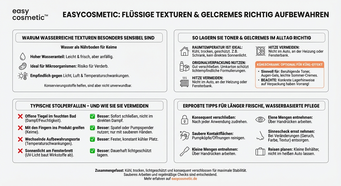 Gibt es spezielle Aufbewahrungsempfehlungen für Produkte mit hohem Wasseranteil wie Gesichtstoner oder Gelcremes?