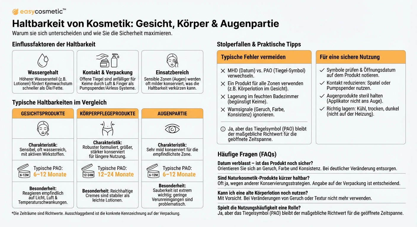 Gibt es Unterschiede in der Haltbarkeit zwischen Produkten für Gesicht, Körper und Augenpartie?