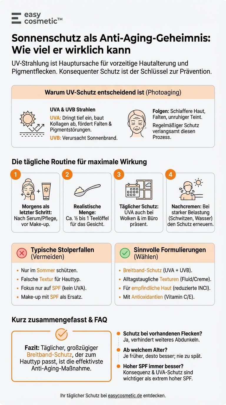 Hilft Sonnenschutz wirklich gegen vorzeitige Hautalterung und Pigmentflecken, und welche Formulierungen sind dafür besonders geeignet?