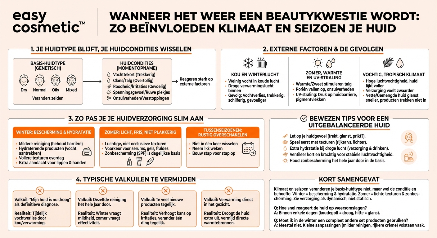 Hoe beïnvloeden factoren zoals klimaat, seizoen en verwarmingslucht mijn huidtype en mijn verzorgingsbehoeften?