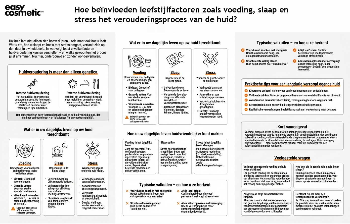 Hoe beïnvloeden leefstijlfactoren zoals voeding, slaap en stress het verouderingsproces van de huid?