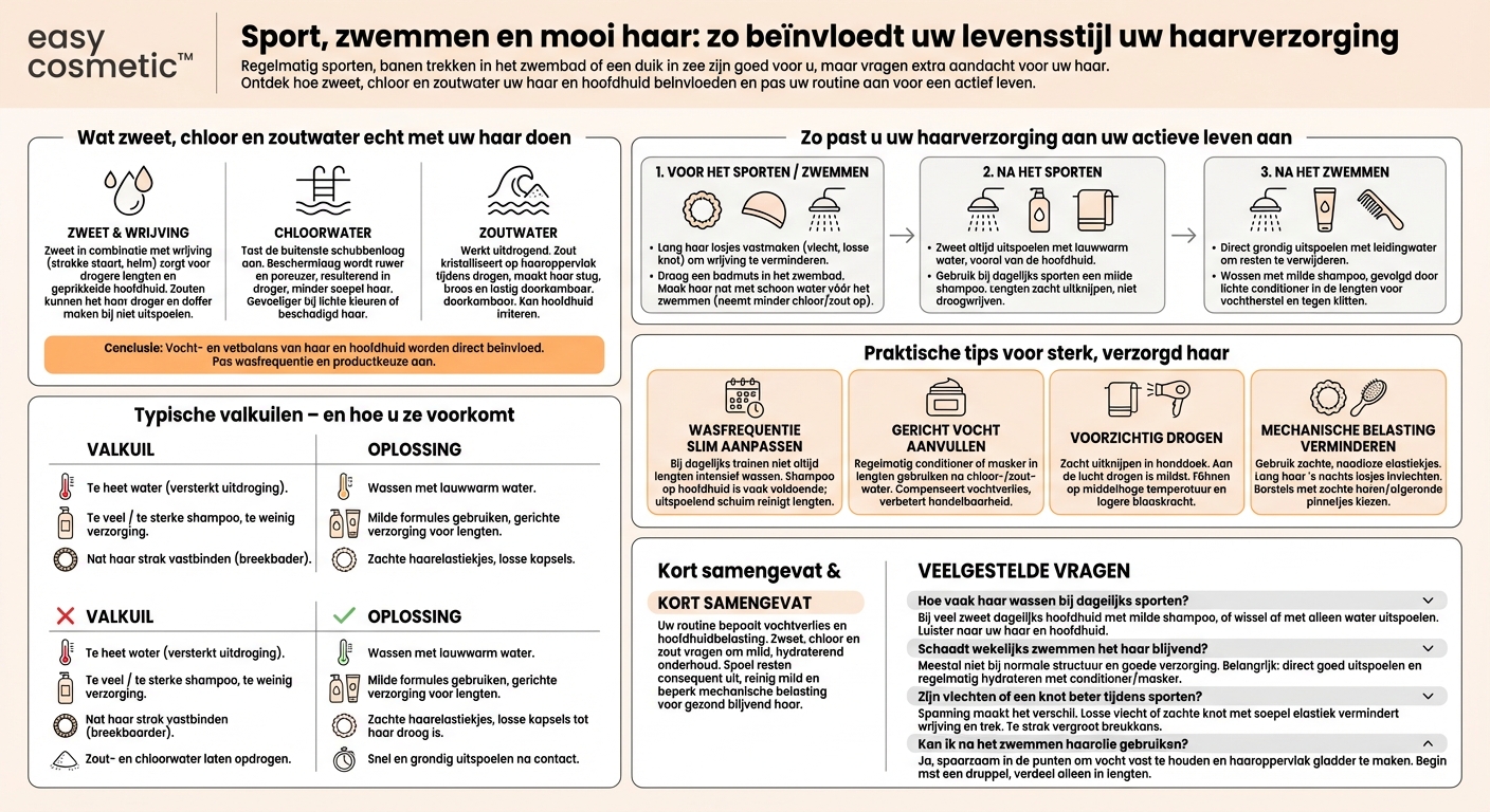 Hoe beïnvloeden mijn sport- en zwemroutine (zweet, chloor, zout water) de basis haarverzorging?