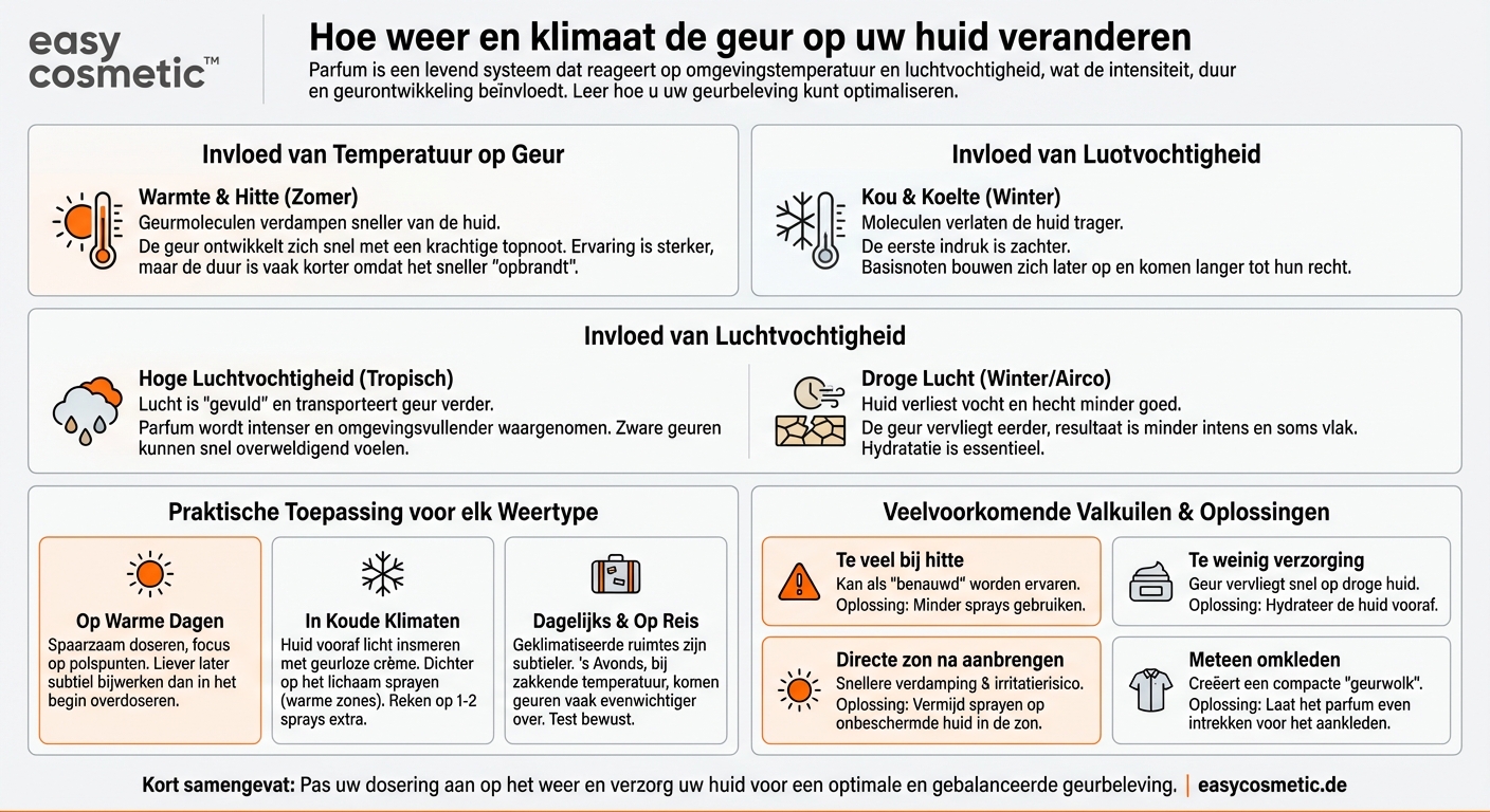 Hoe beïnvloeden temperatuur en luchtvochtigheid de intensiteit van een parfum op de huid?