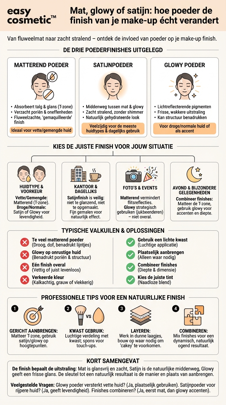 Hoe beïnvloedt een matterend poeder in vergelijking met een glowy of satijnpoeder de finish?