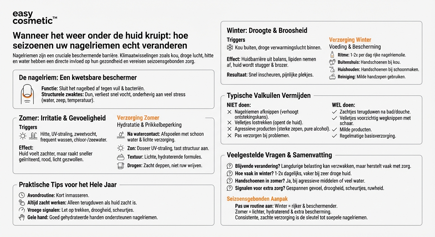 Hoe beïnvloedt het seizoen, bijvoorbeeld winterkou of zomerhitte, de verzorgingsbehoefte van de nagelriem?