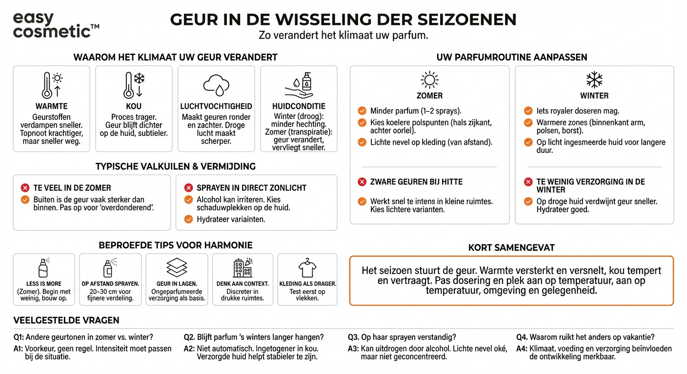 Hoe beïnvloedt het seizoen het gebruik van parfum en moet ik in de zomer anders doseren dan in de winter?