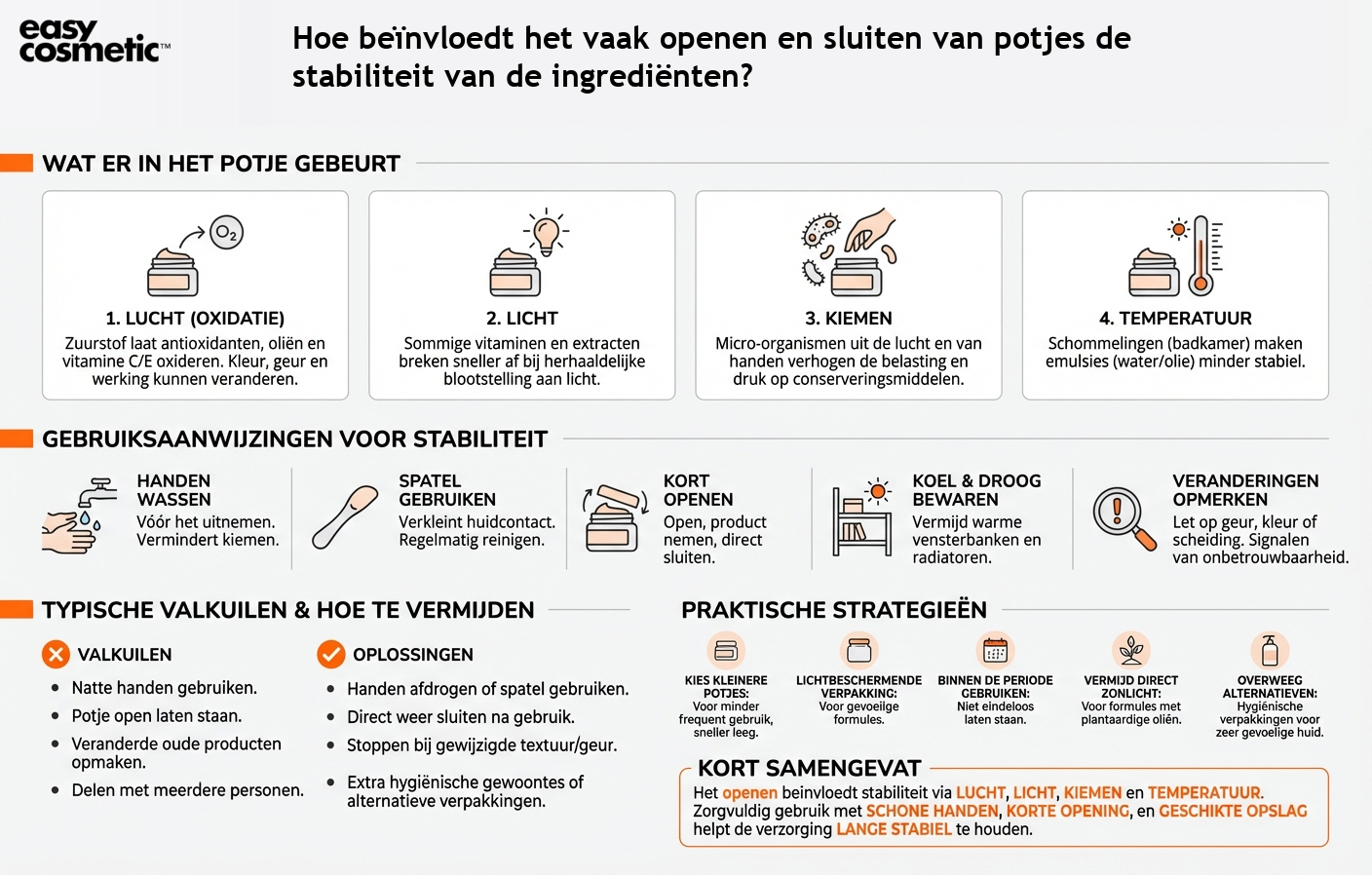 Hoe beïnvloedt het vaak openen en sluiten van potjes de stabiliteit van de ingrediënten?