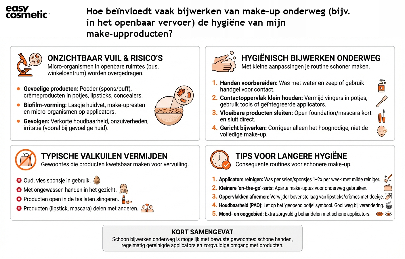 Hoe beïnvloedt vaak bijwerken van make-up onderweg (bijv. in het openbaar vervoer) de hygiëne van mijn make-upproducten?