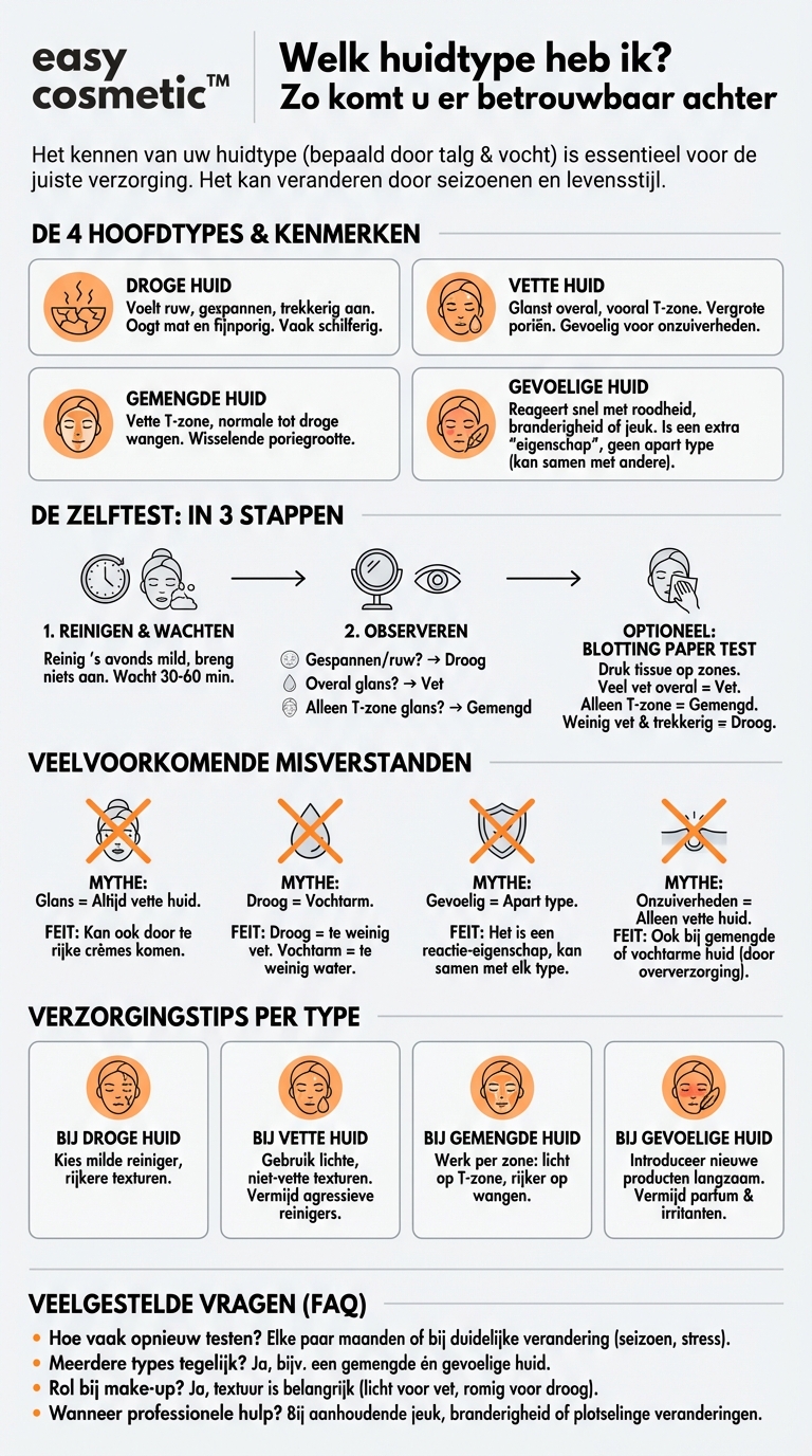 Hoe bepaal ik mijn huidtype (droog, vet, gemengd, gevoelig)?