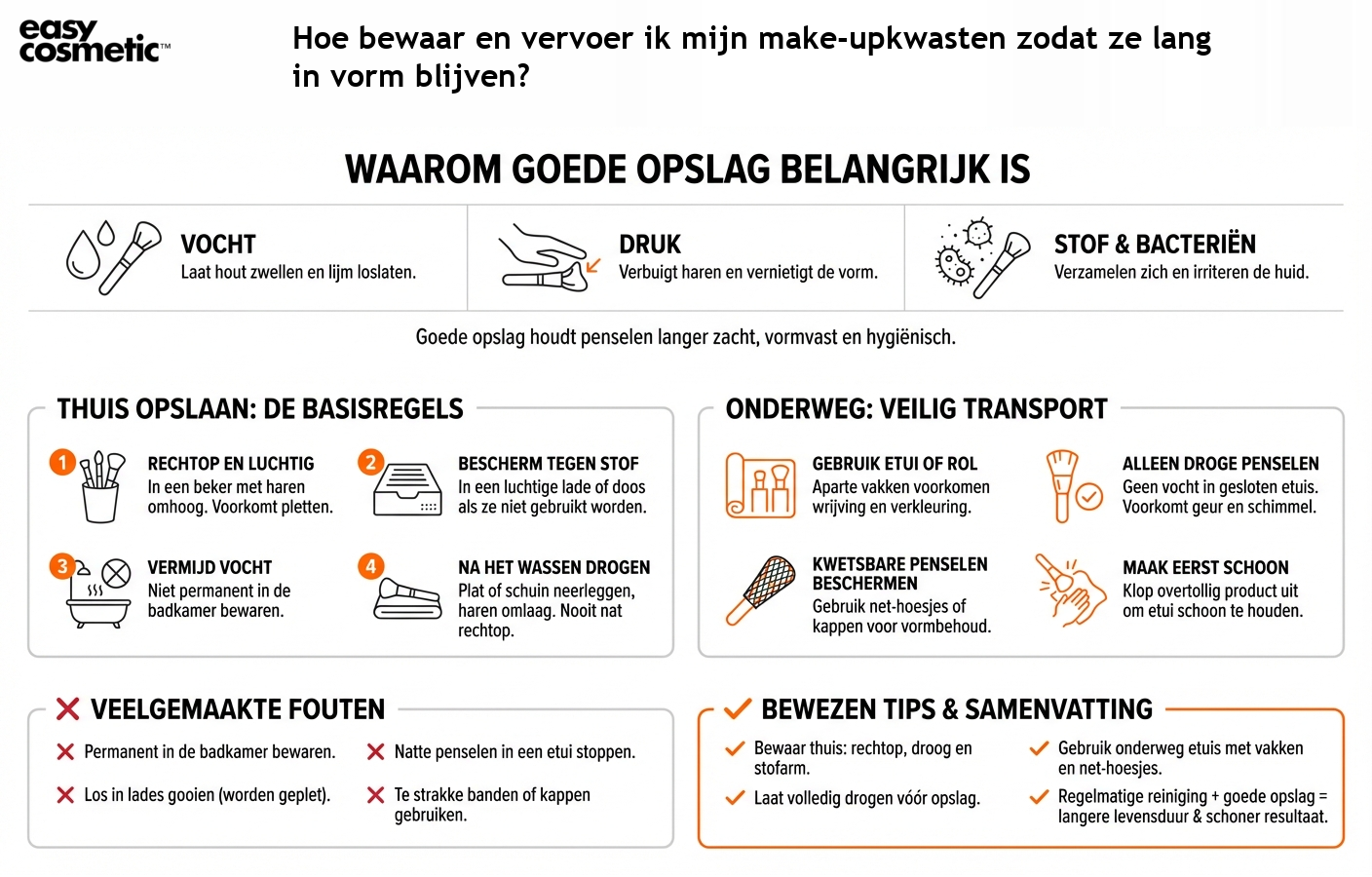 Hoe bewaar en vervoer ik mijn make-upkwasten zodat ze lang in vorm blijven?