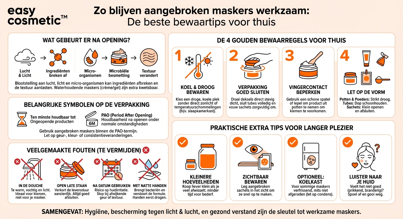Hoe bewaar ik aangebroken maskers het best zodat ze werkzaam en houdbaar blijven?