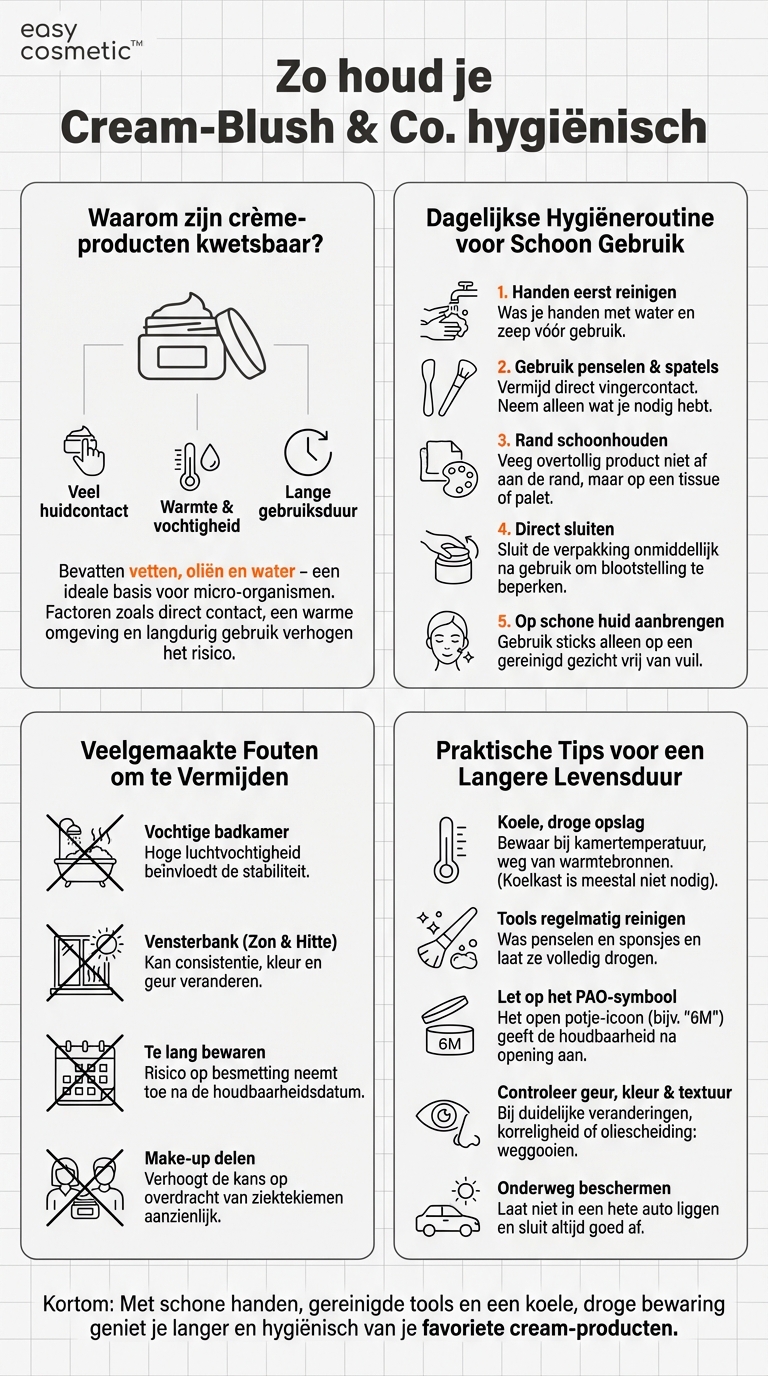 Hoe bewaar ik crèmeproducten (bijv. cream blush, cream contour) zodat ze niet besmet raken?