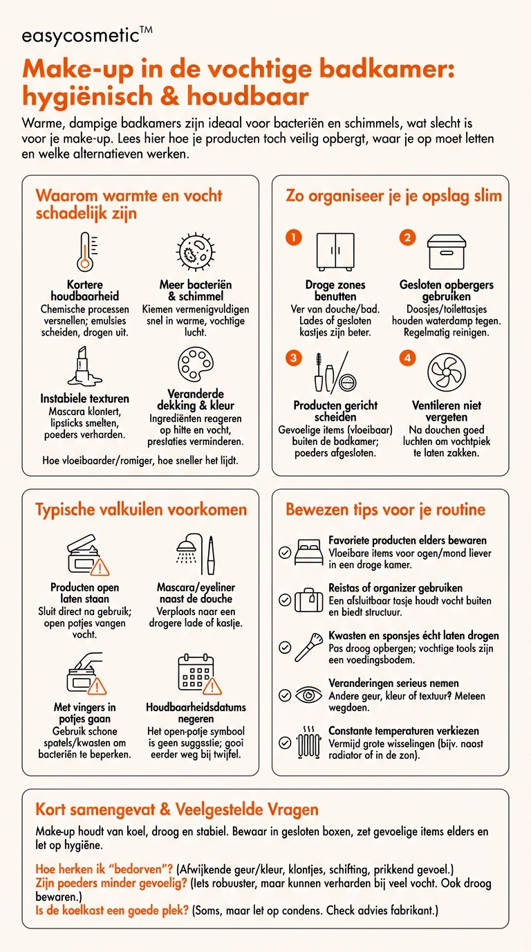 Hoe bewaar ik make-up in de badkamer als het daar warm en vochtig is?