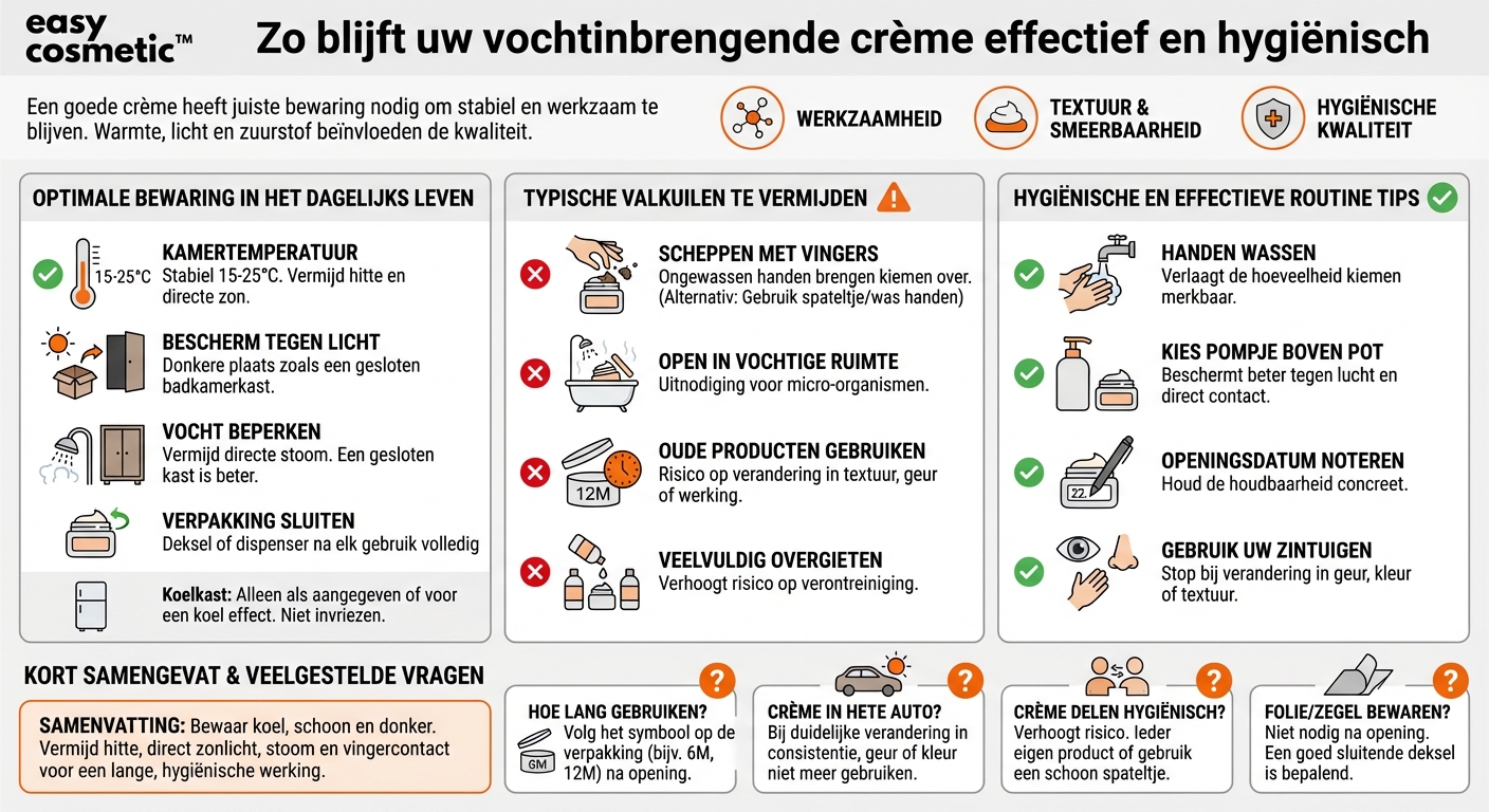 Hoe bewaar ik mijn vochtinbrengende crème het beste zodat ze werkzaam en hygiënisch blijft?