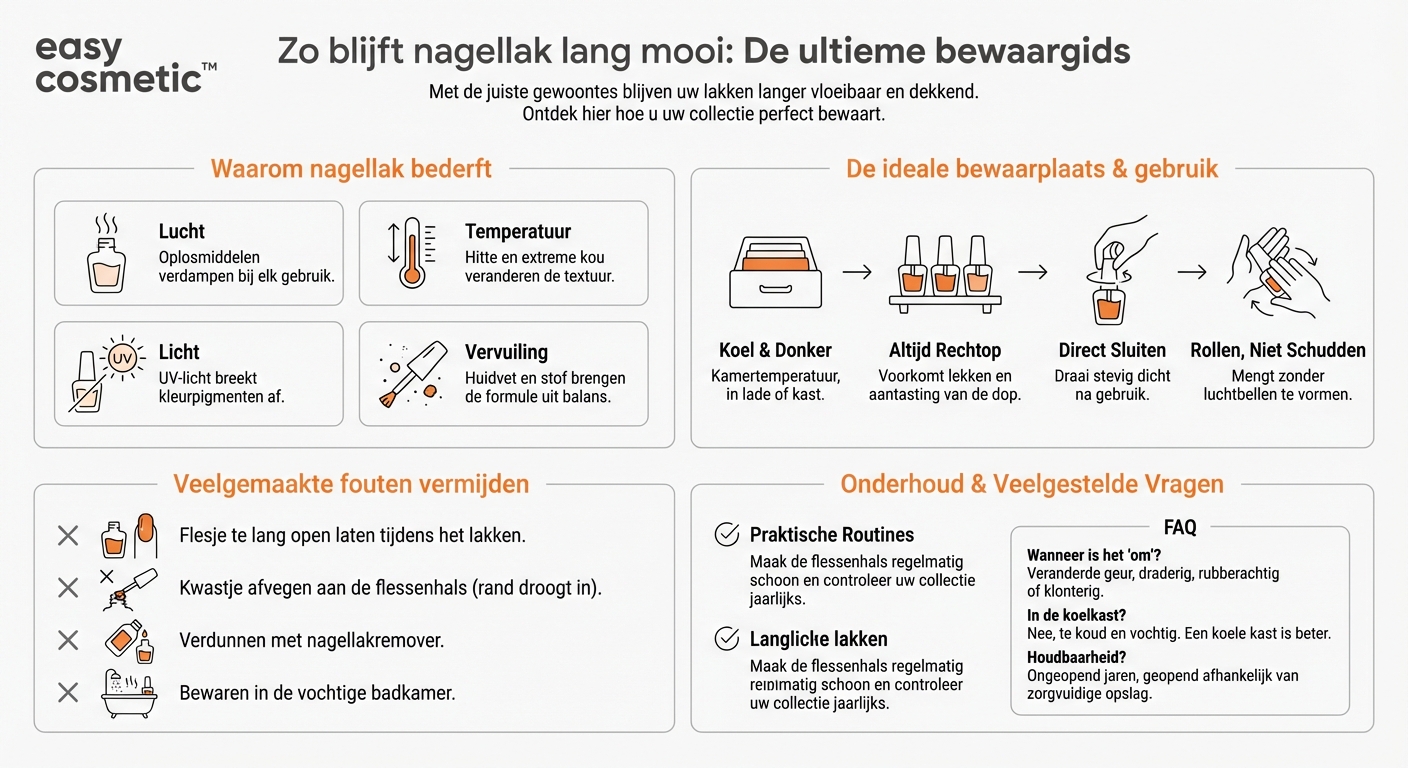 Hoe bewaar ik nagellak op de juiste manier zodat hij niet indikt of bederft?