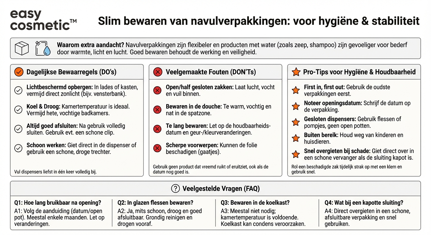 Hoe bewaar ik navulverpakkingen van verzorgingsproducten zodat ze hygiënisch en stabiel blijven?