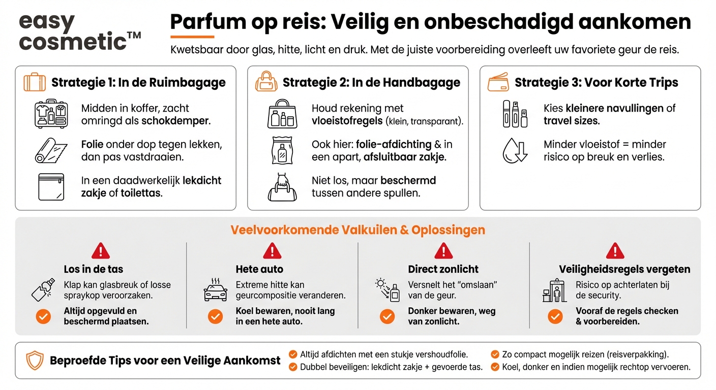 Hoe bewaar ik parfum op reis het veiligst zodat het niet gaat lekken of beschadigd raakt?