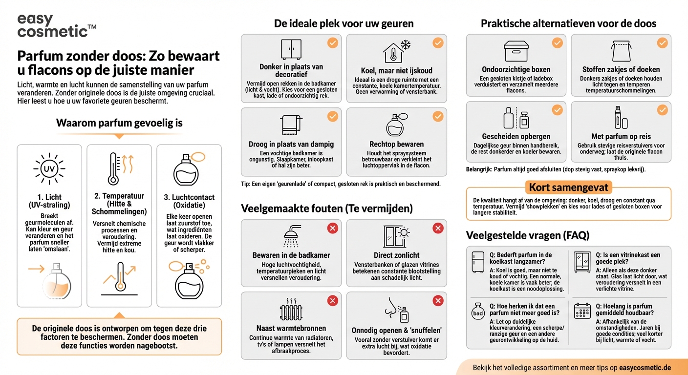 Hoe bewaar ik parfumflacons als ik hun originele verpakking niet meer heb?