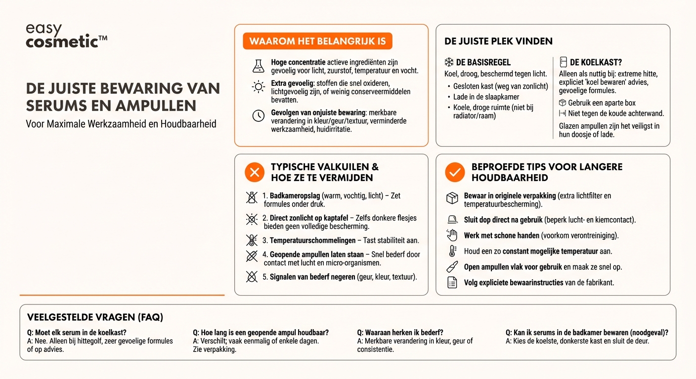 Hoe bewaar ik serums en ampullen op de juiste manier (bijv. in de koelkast, beschermd tegen licht)?