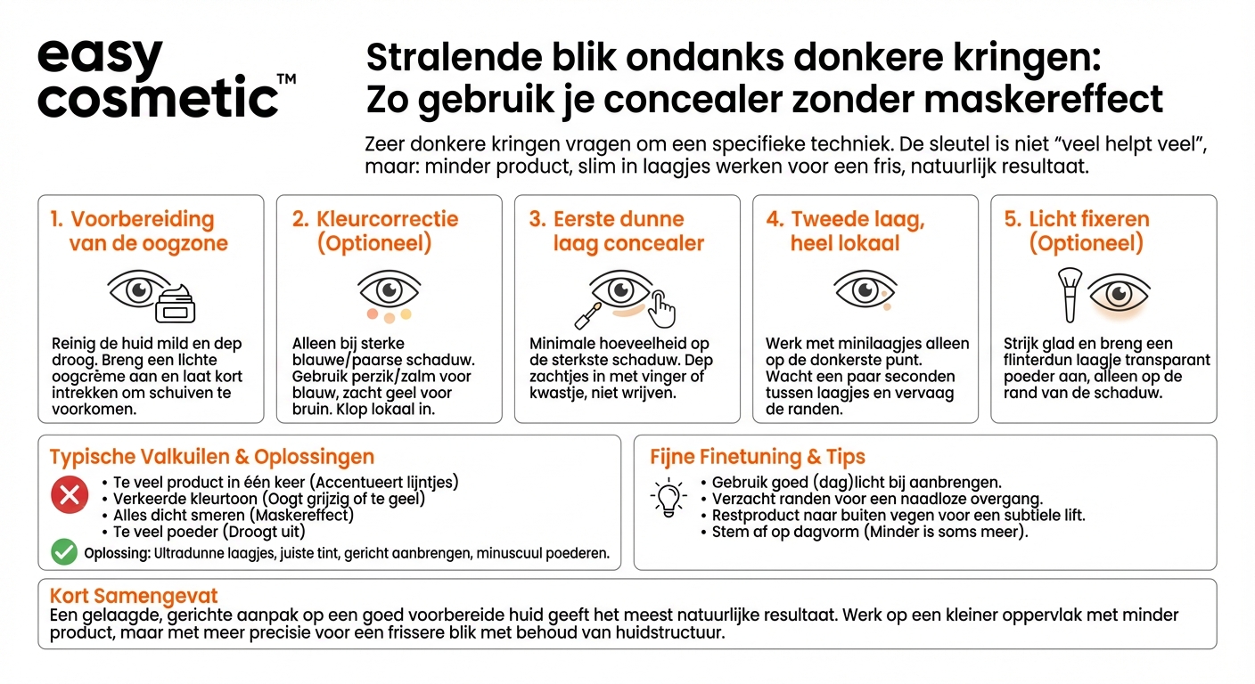 Hoe breng ik concealer in laagjes aan bij zeer donkere of blauwige kringen onder de ogen zonder te overdrijven?