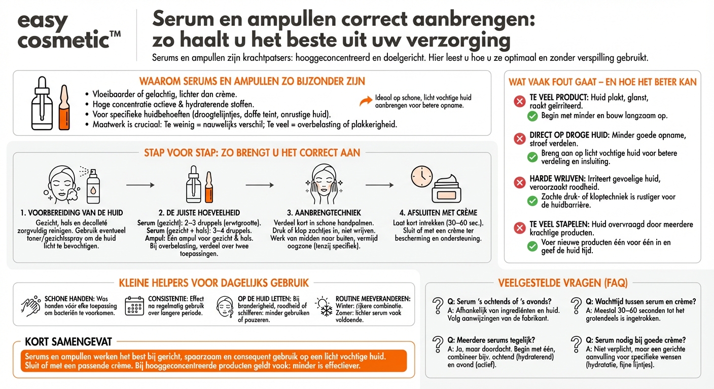 Hoe breng ik een serum of een ampul correct aan (hoeveelheid, techniek)?