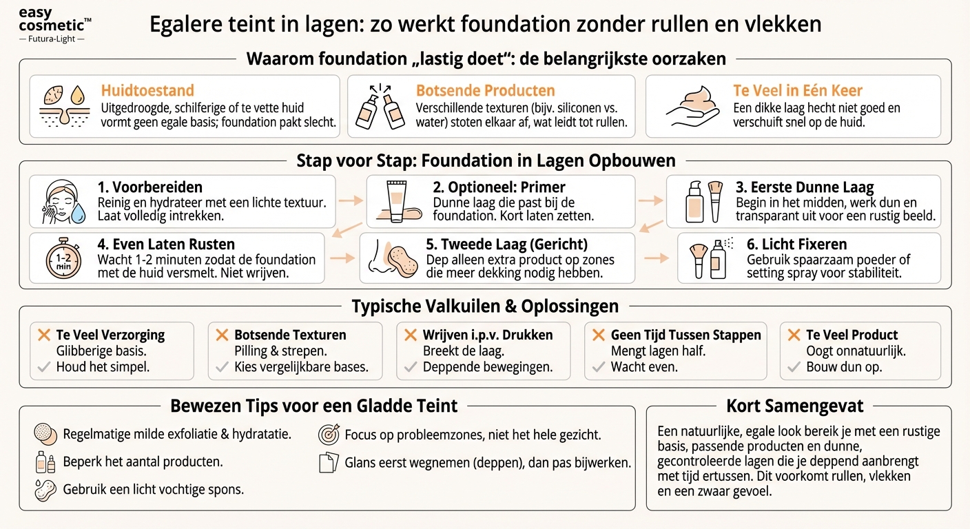 Hoe breng ik foundation in laagjes aan zonder dat deze gaat rullen of vlekkerig wordt?