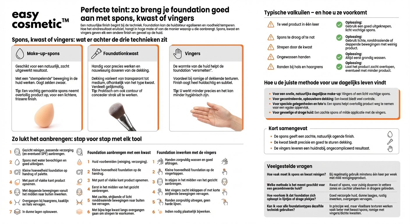 Hoe breng ik foundation op de juiste manier aan met een spons, kwast of vingers en waarin verschillen de technieken?
