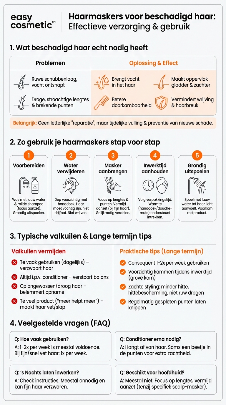 Hoe breng ik haarmaskers bij sterk beschadigd of breekbaar haar het meest effectief aan?