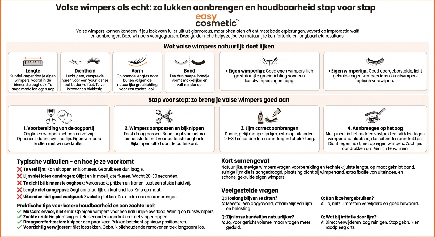 Hoe breng ik valse wimpers correct aan zodat ze er natuurlijk uitzien en goed blijven zitten?