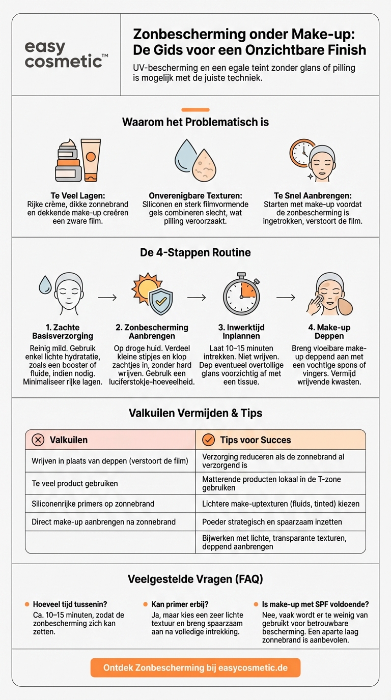 Hoe breng ik zonbescherming onder make-up aan zonder dat het gaat pillen of vet wordt?