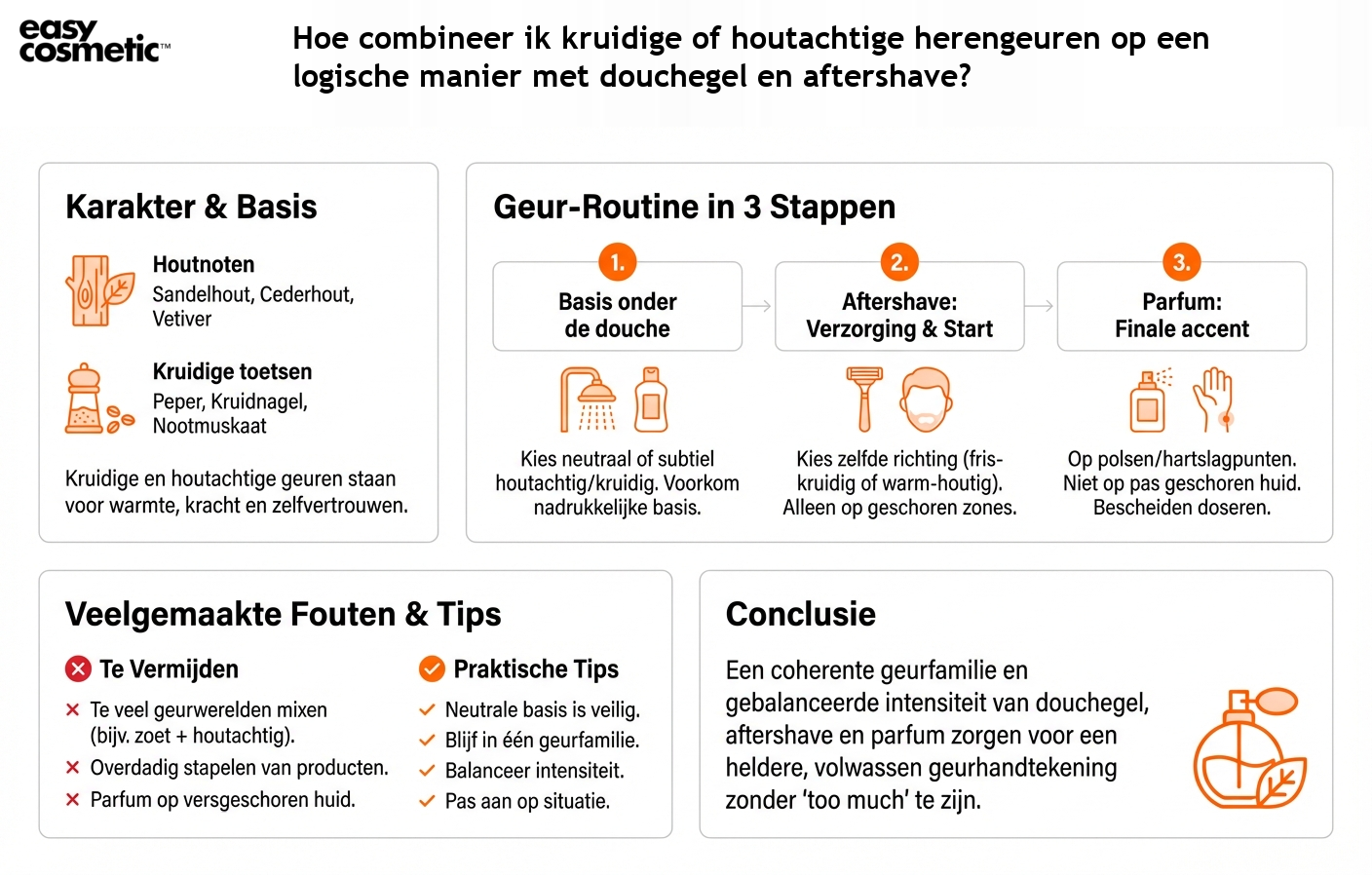 Hoe combineer ik kruidige of houtachtige herengeuren op een logische manier met douchegel en aftershave?