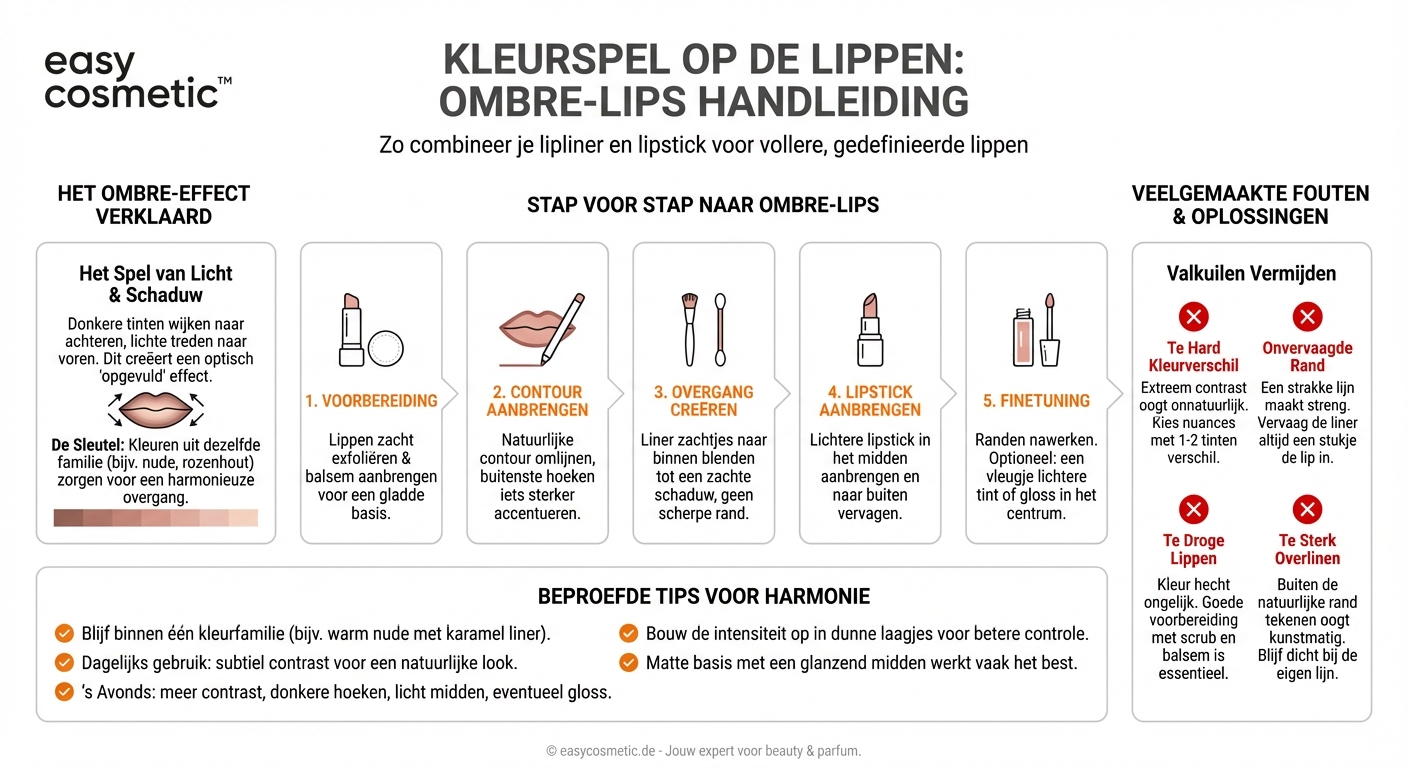 Hoe combineer ik lippotlood en lipstick in verschillende kleuren (bijv. voor ombre-lips)?