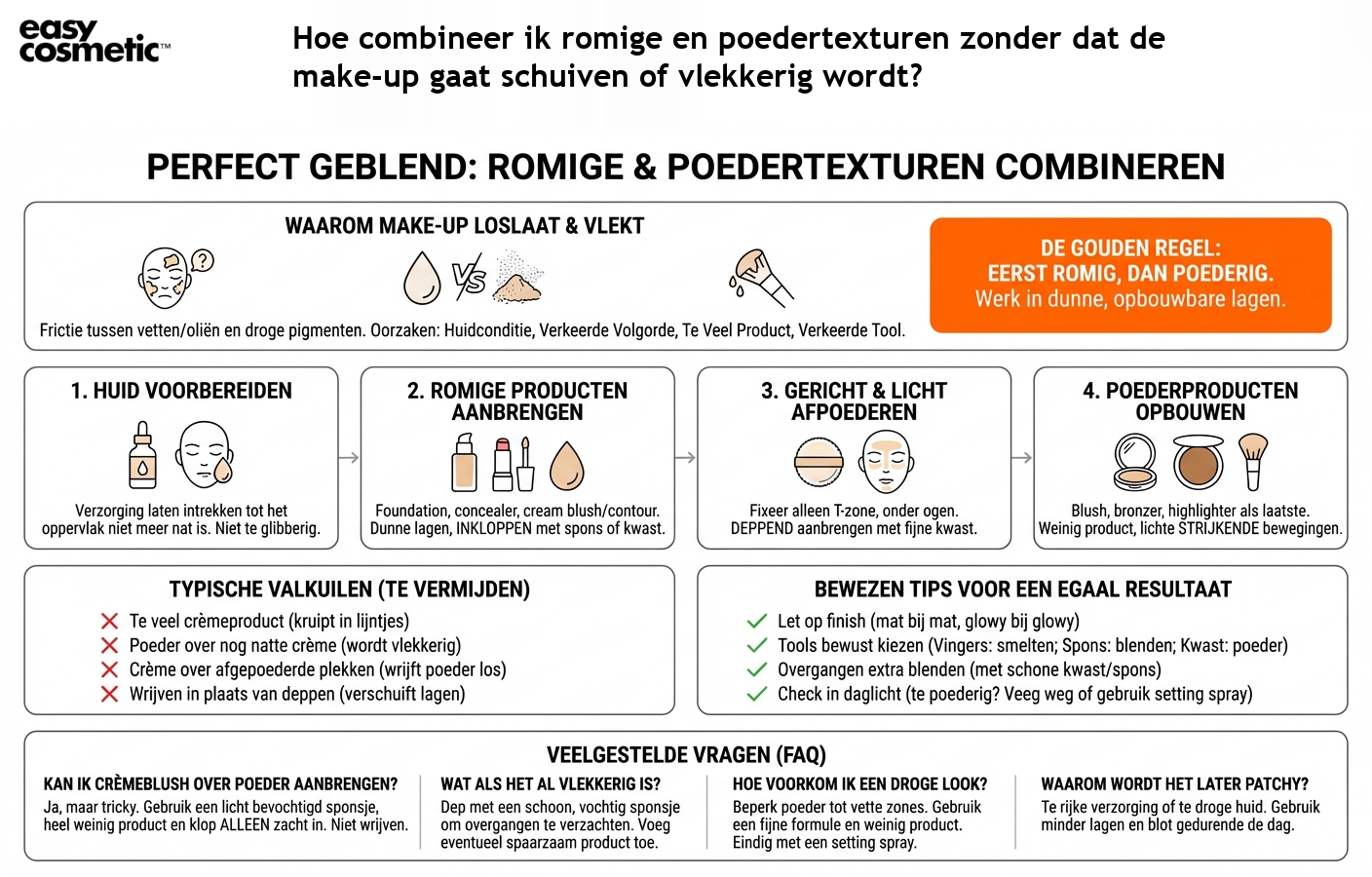 Hoe combineer ik romige en poedertexturen zonder dat de make-up gaat schuiven of vlekkerig wordt?