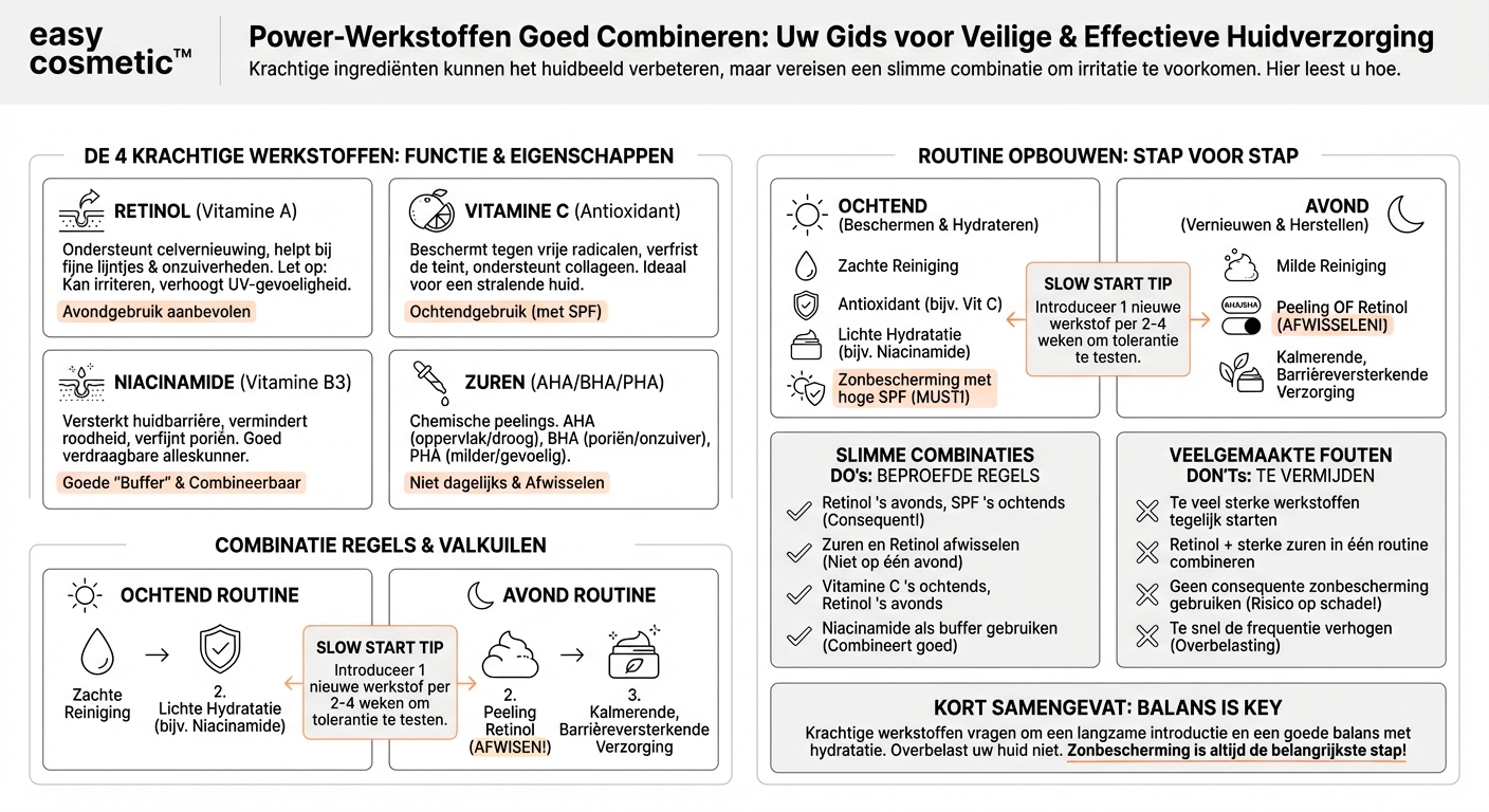 Hoe combineer ik werkstoffen zoals retinol, vitamine C, niacinamide en zuren op een veilige manier?
