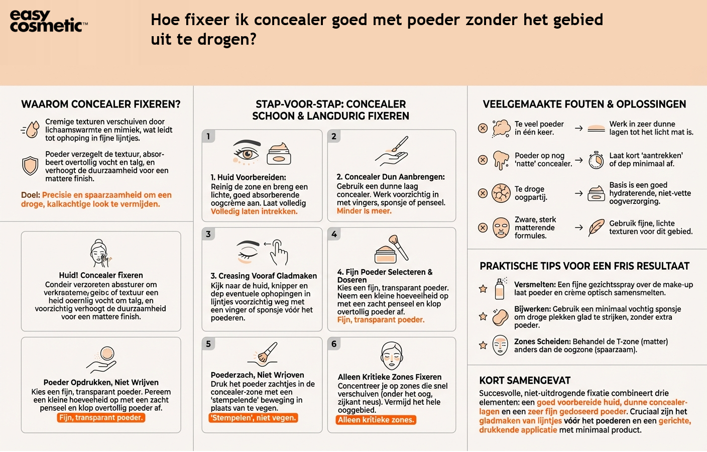 Hoe fixeer ik concealer goed met poeder zonder het gebied uit te drogen?