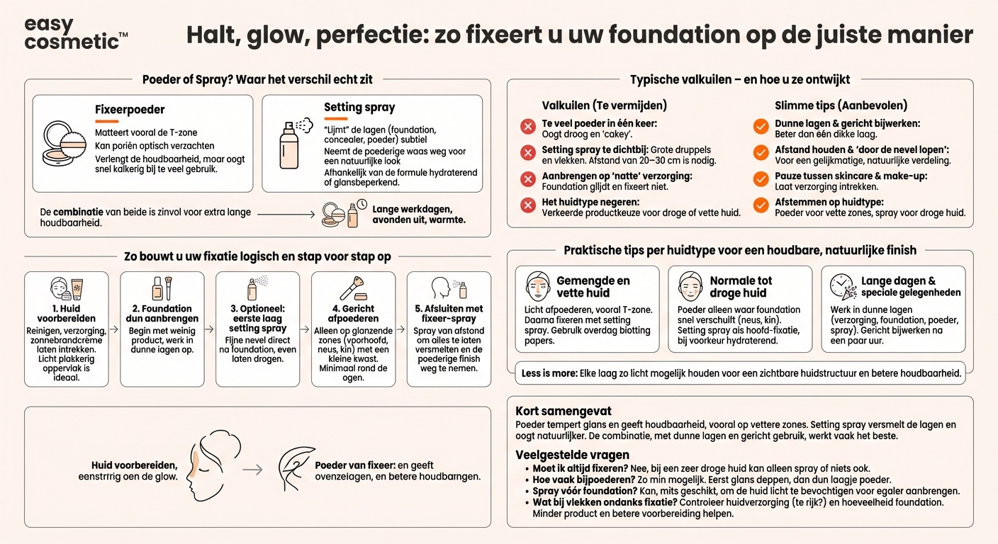 Hoe fixeer ik foundation op de juiste manier – met poeder, setting spray of allebei?