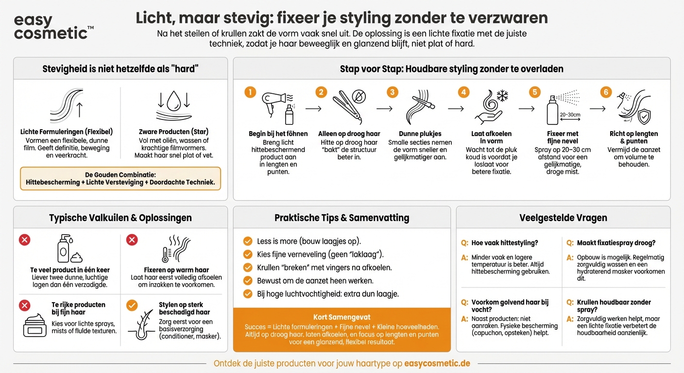 Hoe fixeer ik mijn styling na het steilen of krullen zonder het haar te verzwaren?