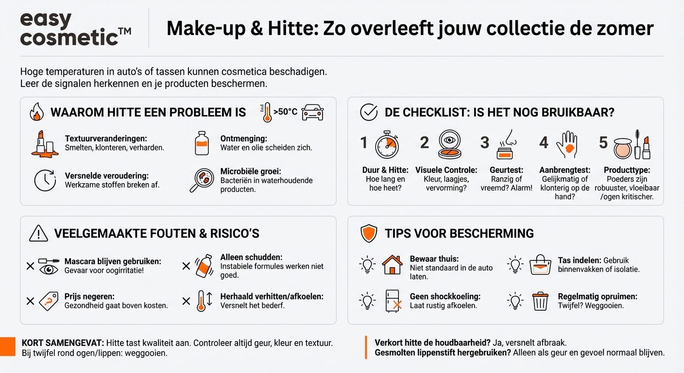 Hoe ga ik om met make-up die aan sterke zonnestraling of hitte is blootgesteld (bijv. in de auto of in de handtas)?