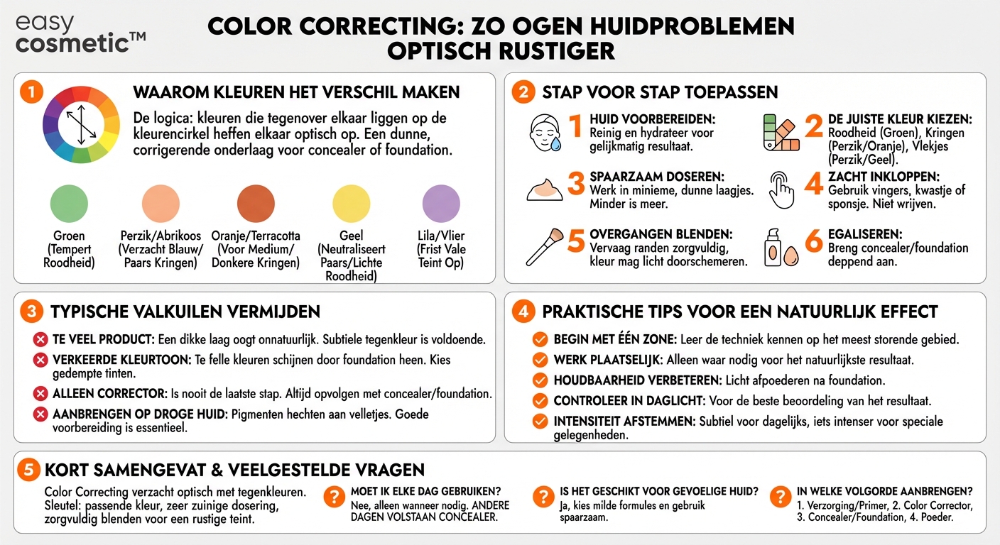 Hoe gebruik ik color correcting op de juiste manier om donkere kringen, roodheden of pigmentvlekken te neutraliseren?