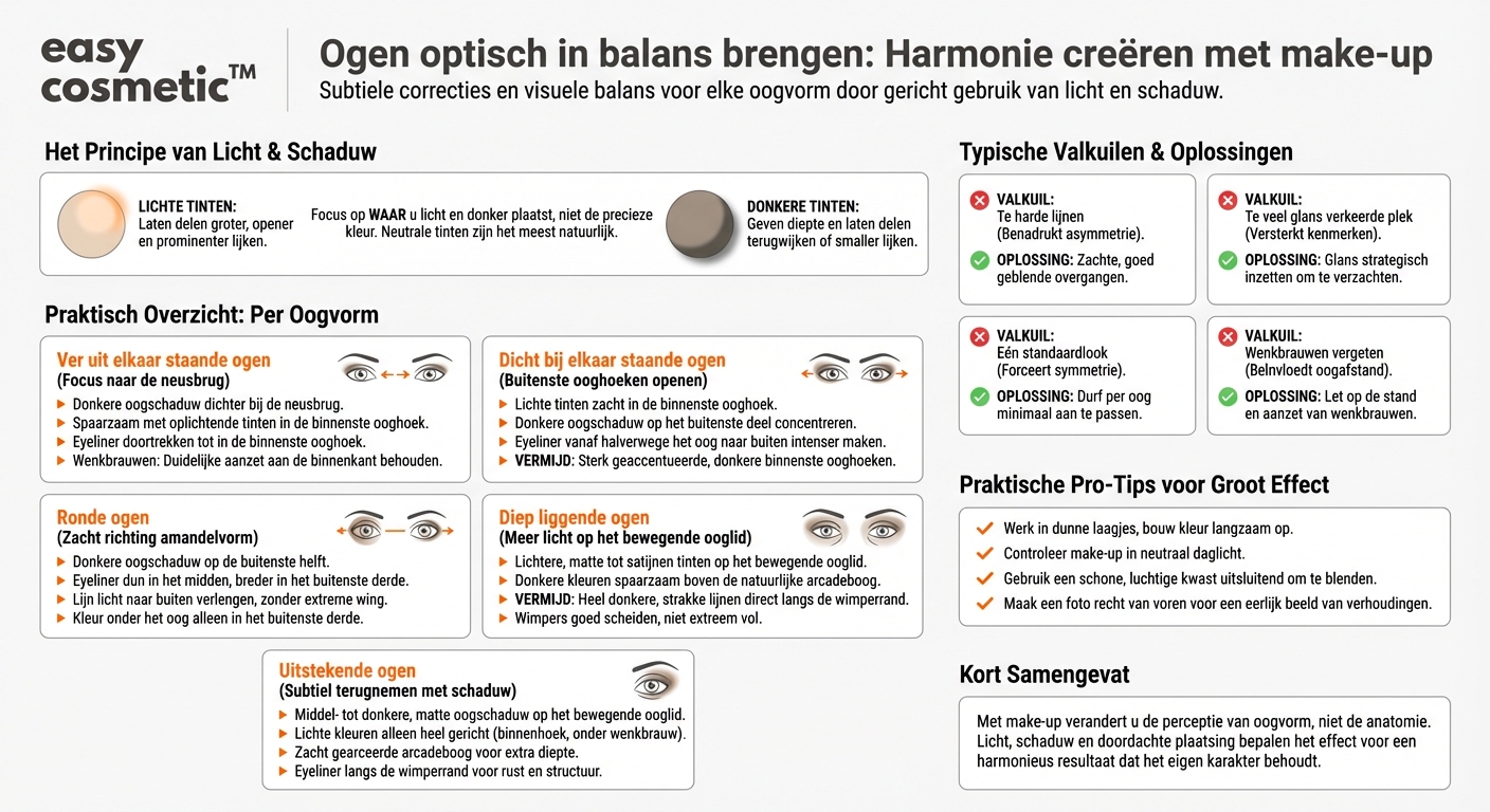 Hoe gebruik ik oogmake-up om verschillende oogvormen optisch in balans te brengen (bijv. ver uit elkaar staand, dicht bij elkaar)?