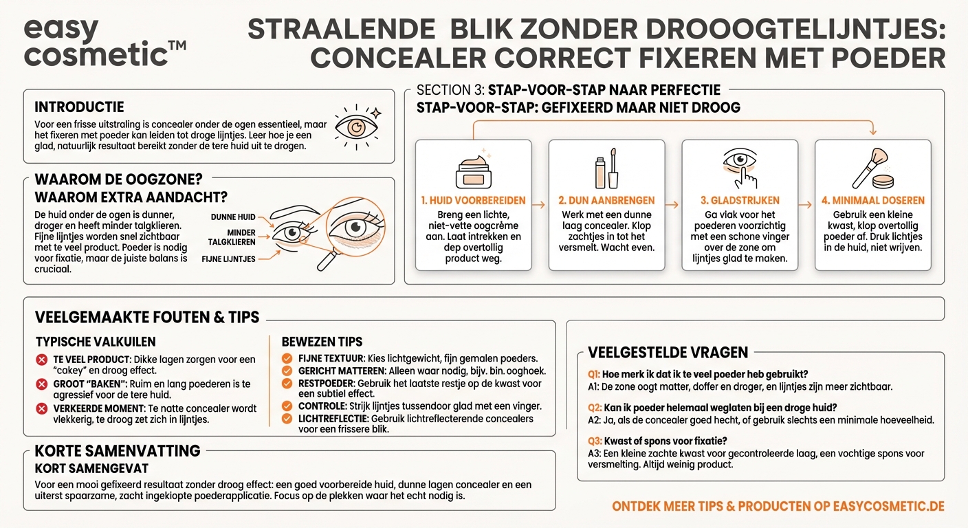 Hoe gebruik ik poeder om concealer onder de ogen te fixeren zonder dat het er droog uitziet?