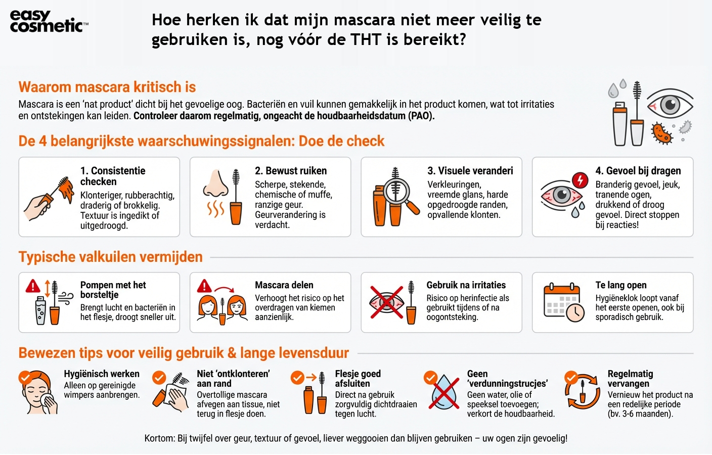 Hoe herken ik dat mijn mascara niet meer veilig te gebruiken is, nog vóór de THT is bereikt?