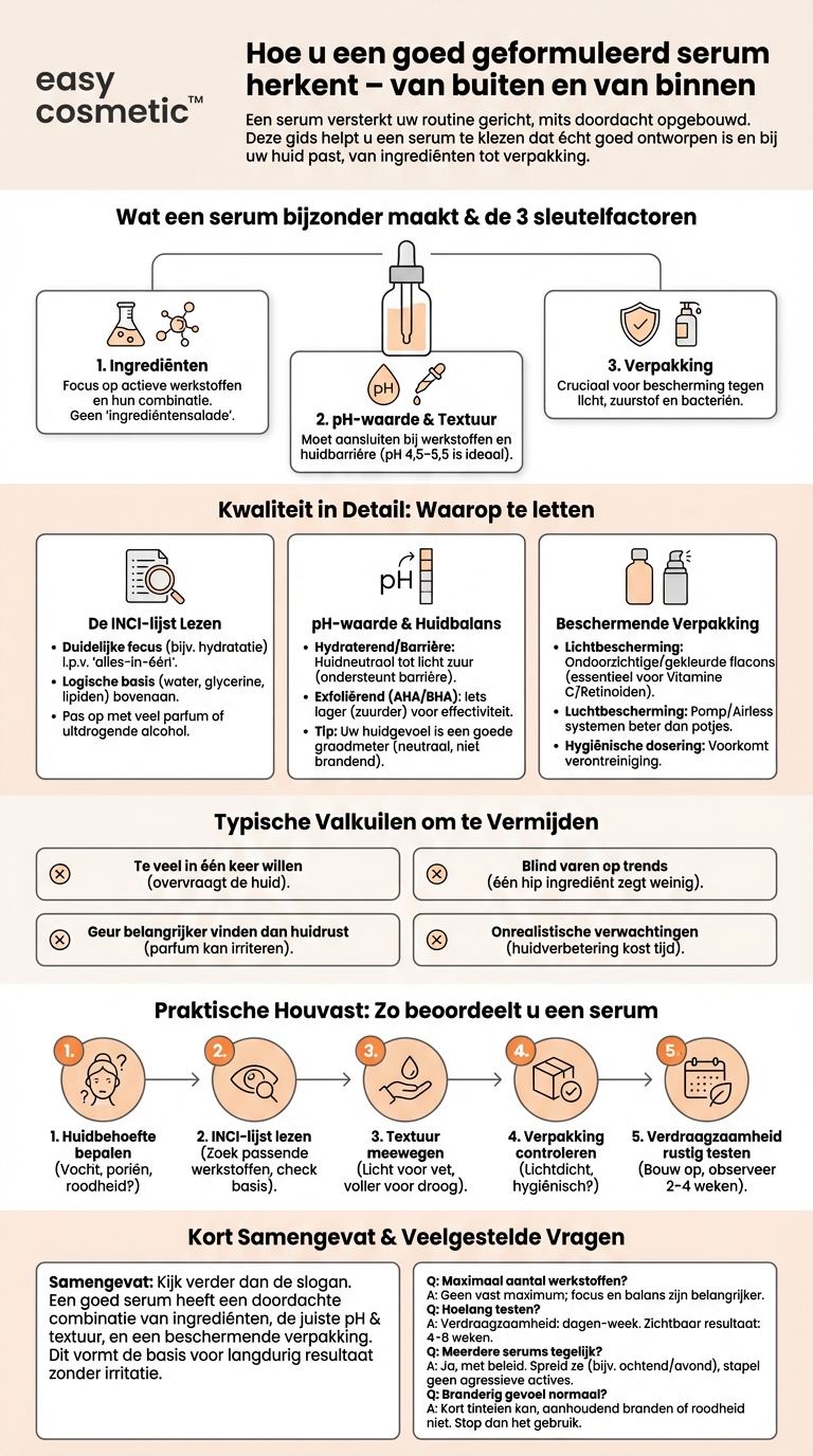 Hoe herken ik een goed samengesteld serum (bijv. ingrediënten, pH-waarde, verpakking)?