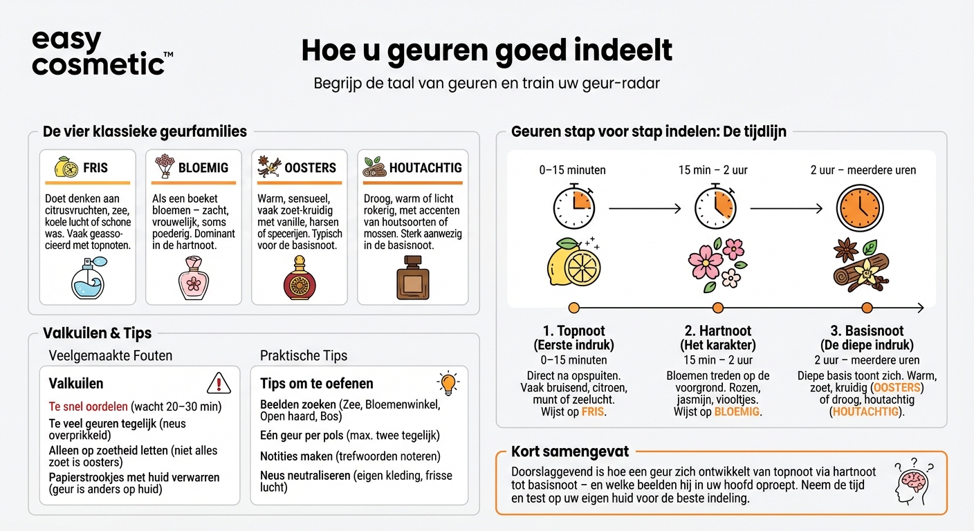Hoe herken ik of een geur eerder fris, bloemig, oriëntaals of houtachtig is?