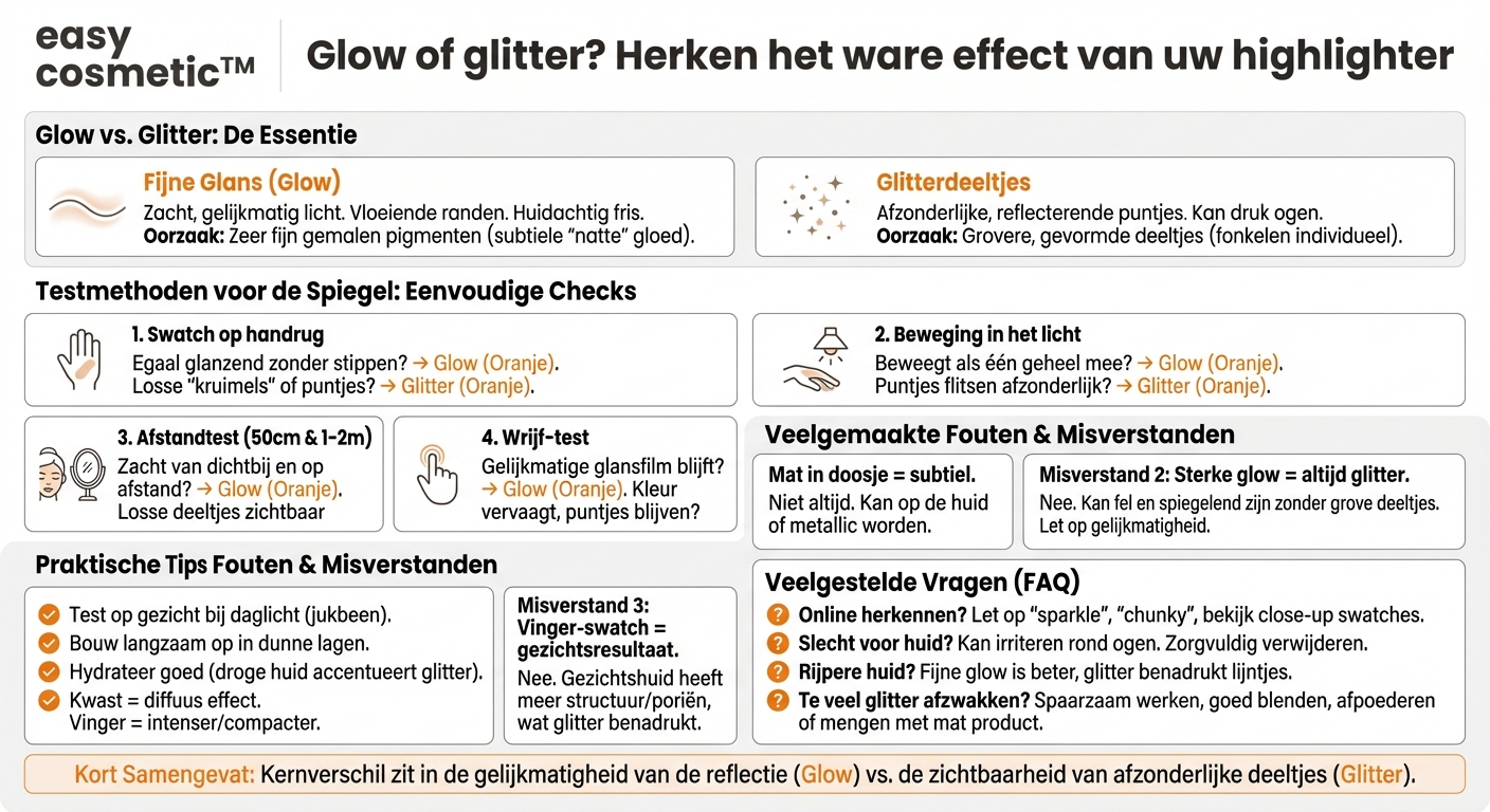 Hoe herken ik of een highlighter glitterdeeltjes bevat of alleen subtiel glanst?