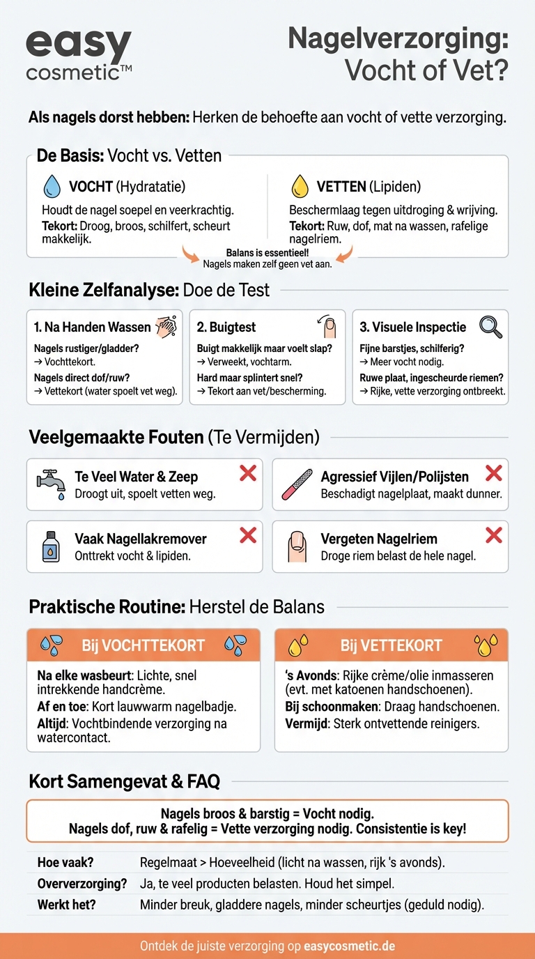 Hoe herken ik of mijn nagels meer vocht of meer vette verzorging nodig hebben?