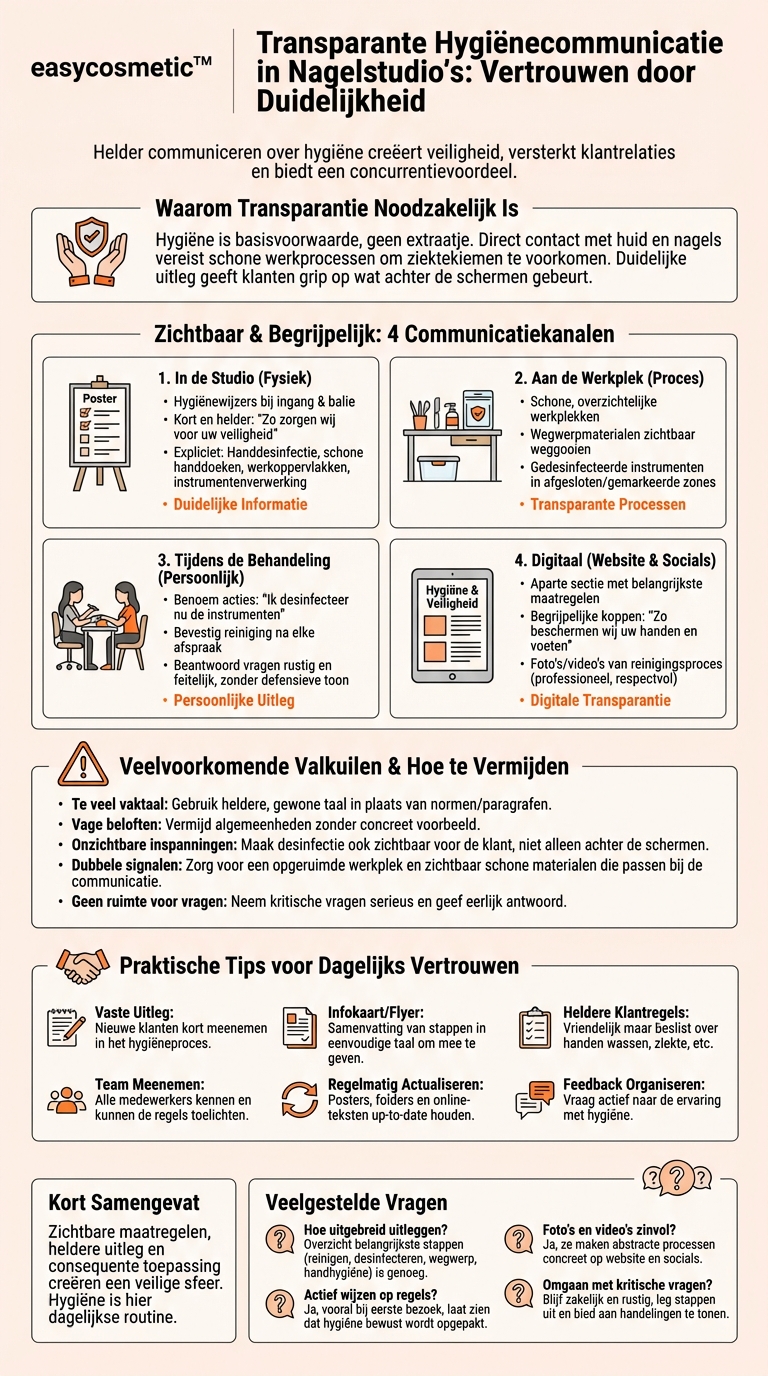 Hoe kan een nagelsalon zijn klanten transparant informeren over hygiëneregels en -maatregelen?